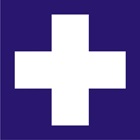 blue sign with a large white plus sumbol