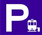 blue sign with a large white capital letter P and a smaller train icon
