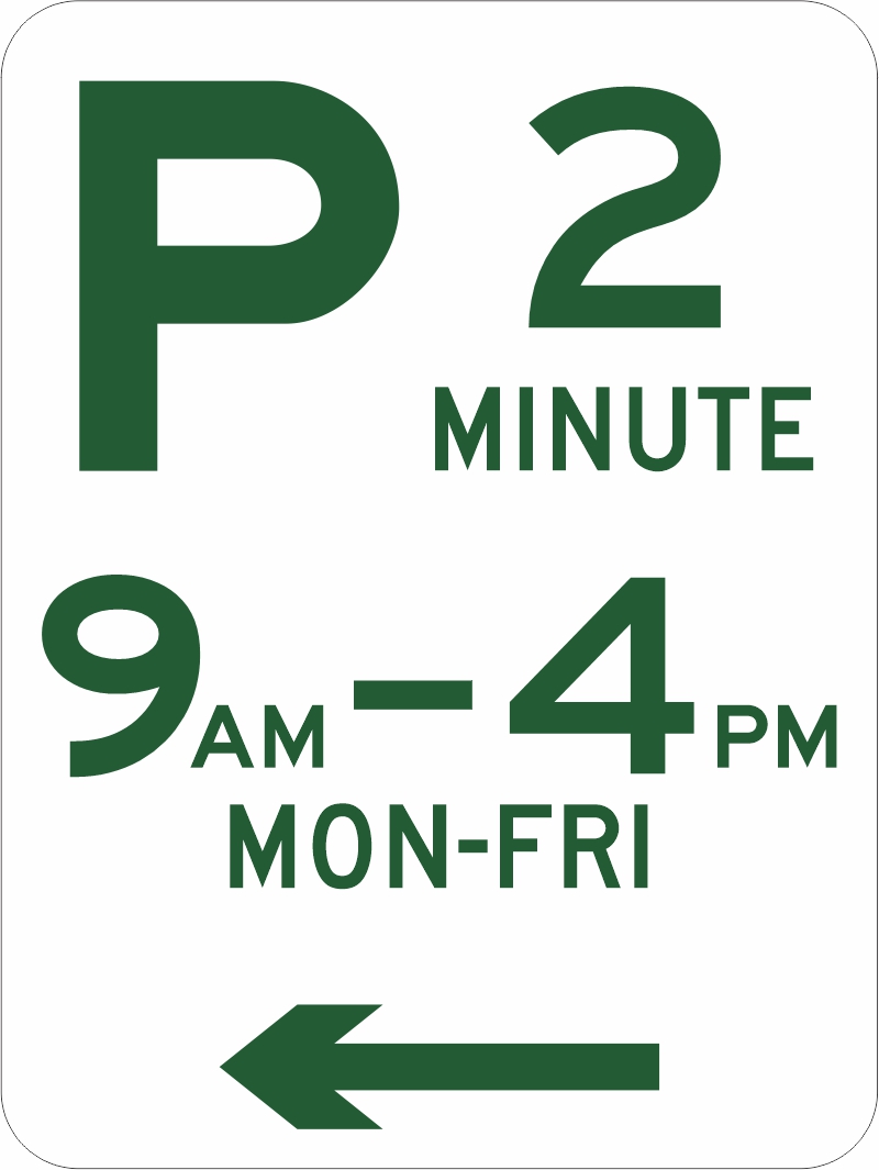 A 2 minute parking sign, showing the days and times that the 2 minute parking rule applies
