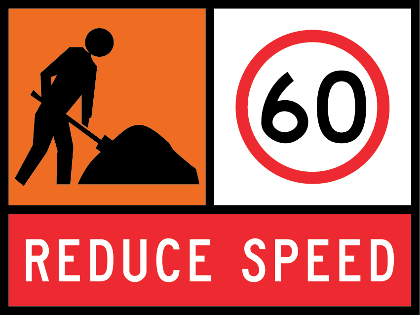 A reduce speed roadworks sign, with roadworkers sign added, and a speed limit of 60km/hr