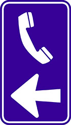 blue sign with a white phone icon and an arrow