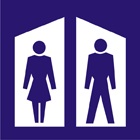 blue sign with male and female icons inside white shelters