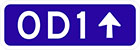 blue sign with white text OD1 and an arrow
