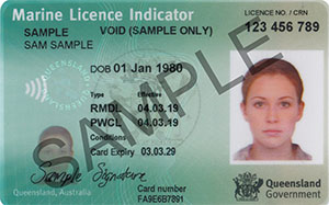 Example of Marine licence indicator, showing photo, personal details and the licence class and conditions