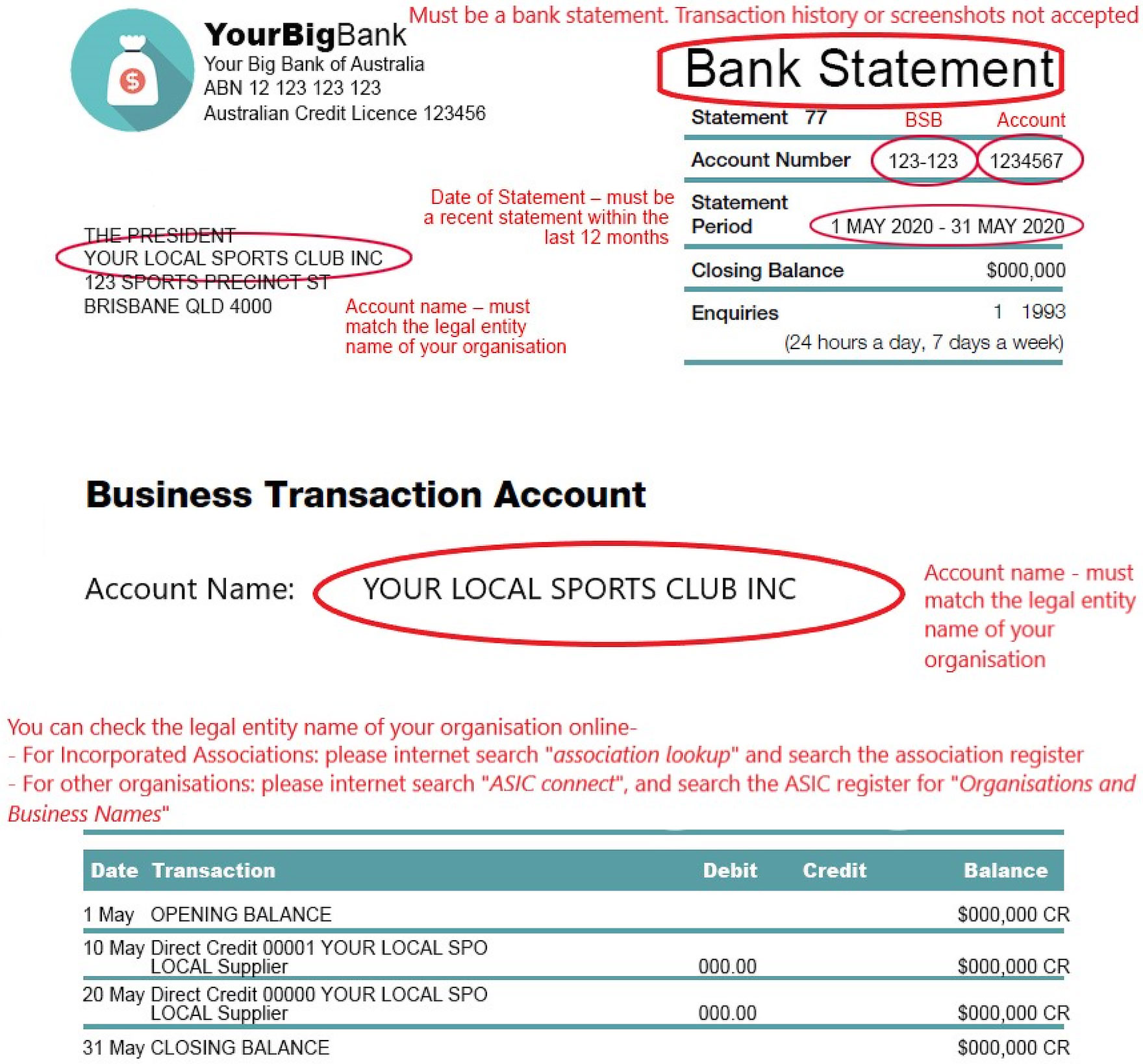 A bank statement used as an example that is detailing what is needed for the application.