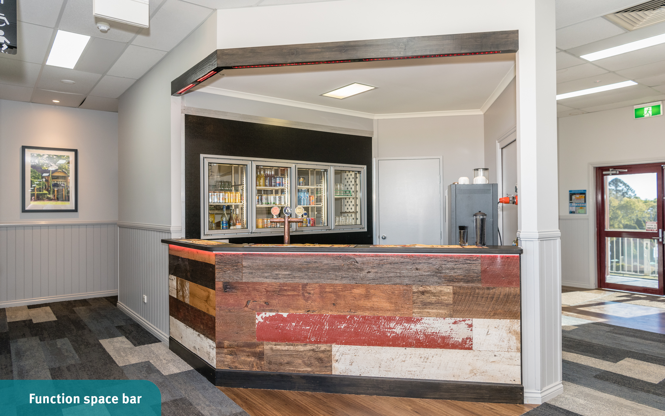 The indoor function room bar stocked with cold drinks at the Toowoomba Sports Grounds.