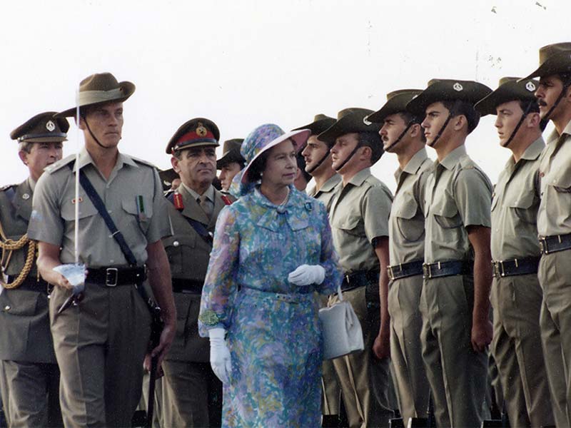 Queen Elizabeth II inspecting the Australian Army parade, Brisbane Airport, 1982