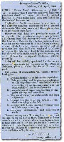 Extract from the Queensland Government Gazette showing rules to obtaining a surveyors licence