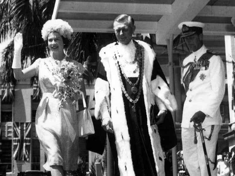 Queen Elizabeth II with Lord Mayor of Brisbane Clem Jones at Civic Reception, Brisbane City, 6 March 1963