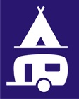 blue sign with white icons of a tent and caravan