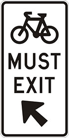 white sign with black icon of a bicycle, the words must exit, and an arrow