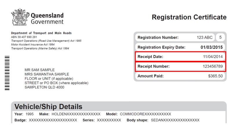 Sample registration certificate showing the receipt number