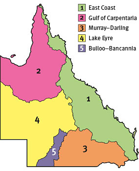 Queensland has 5 drainage divisions. The East Coast drainage division runs the length of the state. Moving in a clockwise direction around the state, Murray-Darling and Bulloo-Bancannia cover the bottom of the state, and Lake Eyre and Gulf of Carpentaria cover the western portion of the state.