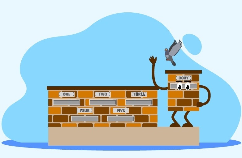 BCCM's mailbox mascot, Boxy, waving as a pigeon flies overhead.