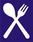 blue sign with white fork and spoon icon
