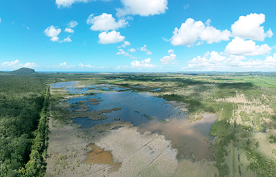 An overhead shot of wetlands that make up the Blue Heart region on the Sunshine Coast.