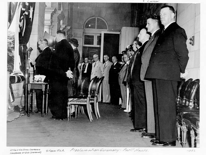 Reading of the proclamation from Parliament House, 8 February 1952