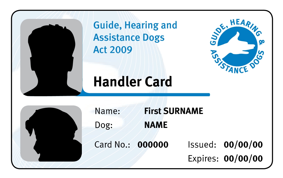 Example of the front of a handler identity card. Silhouettes of the hander and dog on the left, hander and dog details on the right inlcuding card number, issue and expiry dates