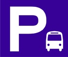 blue sign with a large white capital letter P and a smaller bus icon