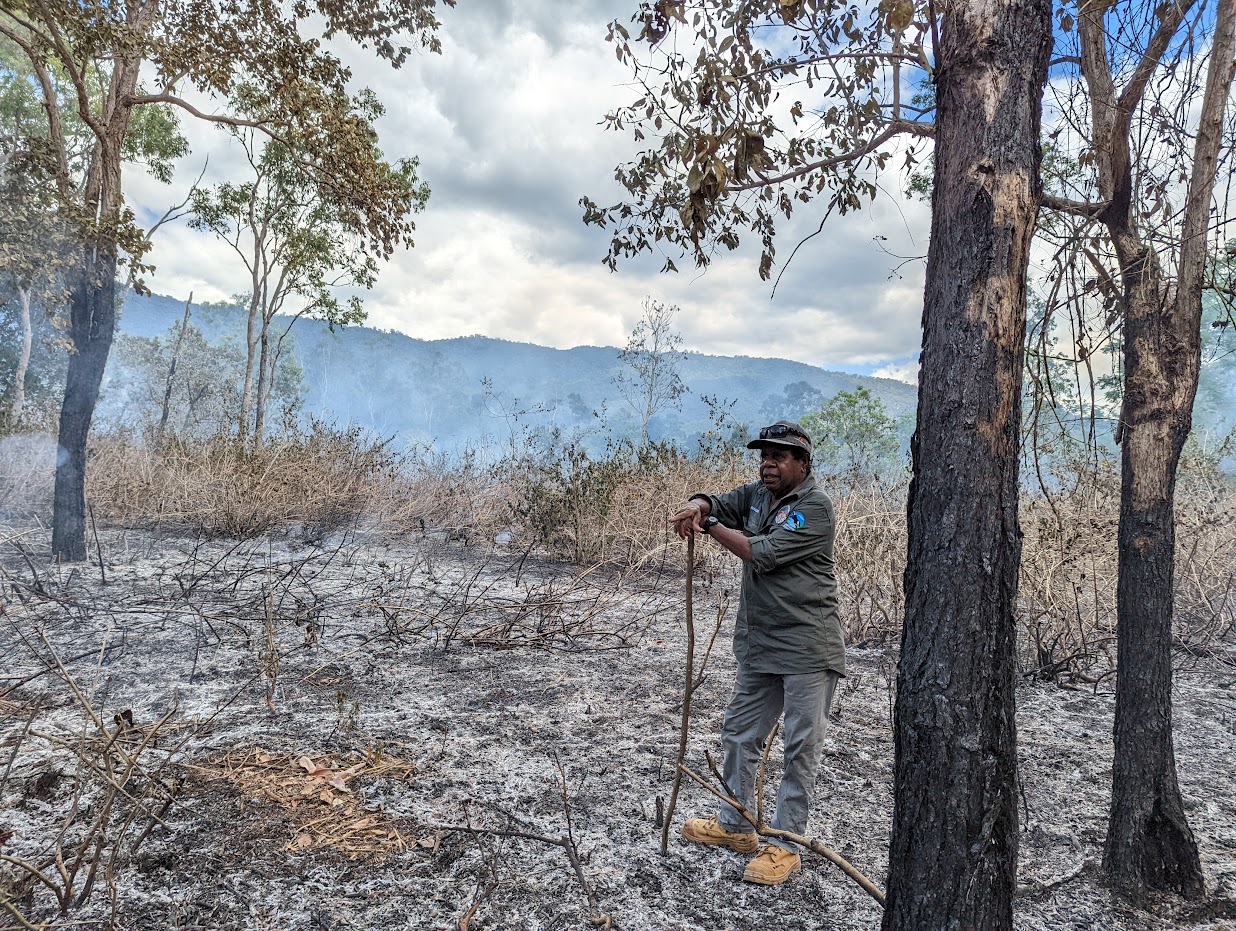 Aboriginal Elder watches slow burning fire from a clearing