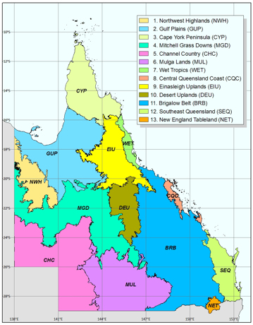 Map showing 13 Queensland bioregions