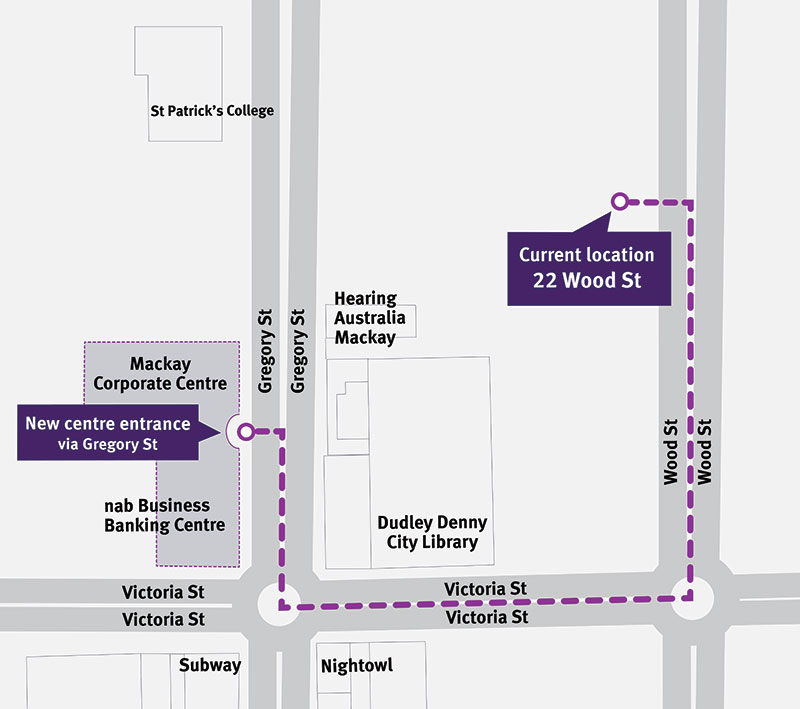 Street map diagram showing new location of the Mackay Housing Service Centre in Victoria Street.