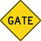 yellow diamond-shaped sign with black text, gate