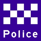 blue sign with white chequered pattern above the word police