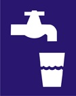 blue sign with a white icon of a water glass under a tap