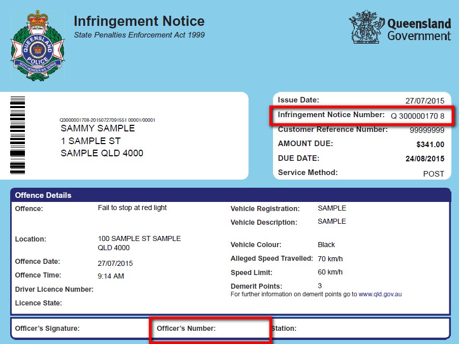 Sample electronic Queensland Police Service infringement notice showing infringement notice number and officer's number