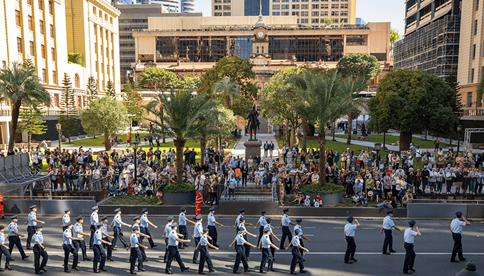 The Royal Australian Air Force RAAF Base Amberley contingent march past Anzac Square in Brisbane 2021.
