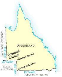 Map showing the 3 border corners in Queensland, Poeppel, Haddon and Cameron