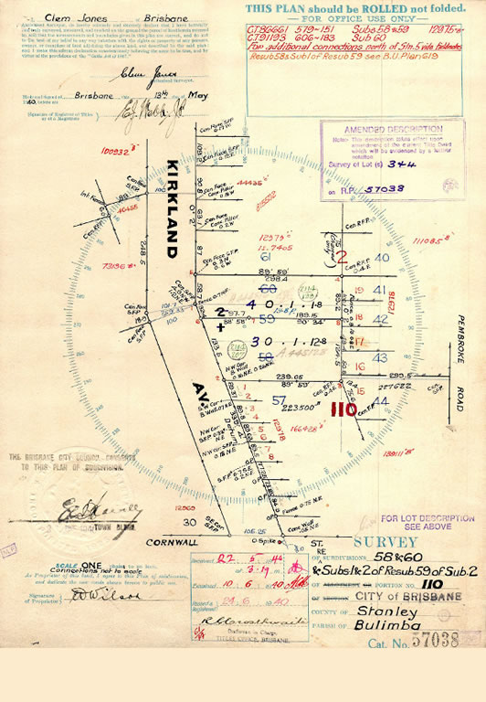 Survey Plan RP57038 which captured the first survey by Clem Jones after his registration as an authorised surveyor in 1940