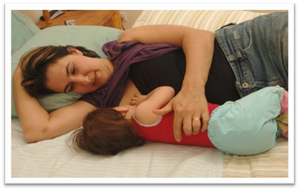 Mother holding her baby in a side lying position.