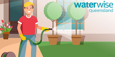 Cartoon image of man watering garden with Waterwise logo