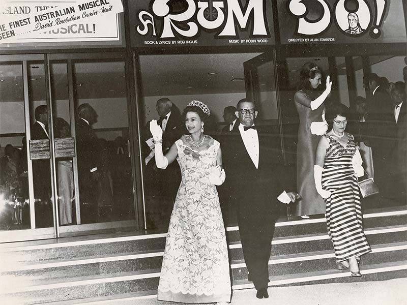 Queen Elizabeth II attending a Queensland Theatre Company production, <em>A Rum Do!</em> April 1970