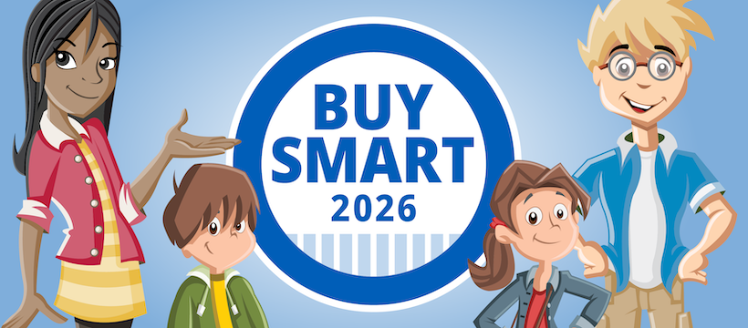 Animated image of various school students surrounding a Buy Smart Competition sign
