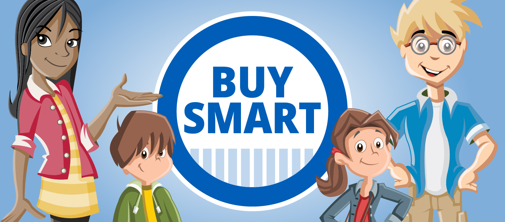 Cartoon image of various school students surrounding a Buy Smart Competition sign