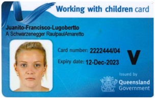 Working with Children card, also known as a blue card.