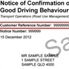Sample good driving behaviour notice showing the customer reference number