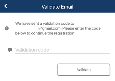 Form asking for the validation code sent to your email address