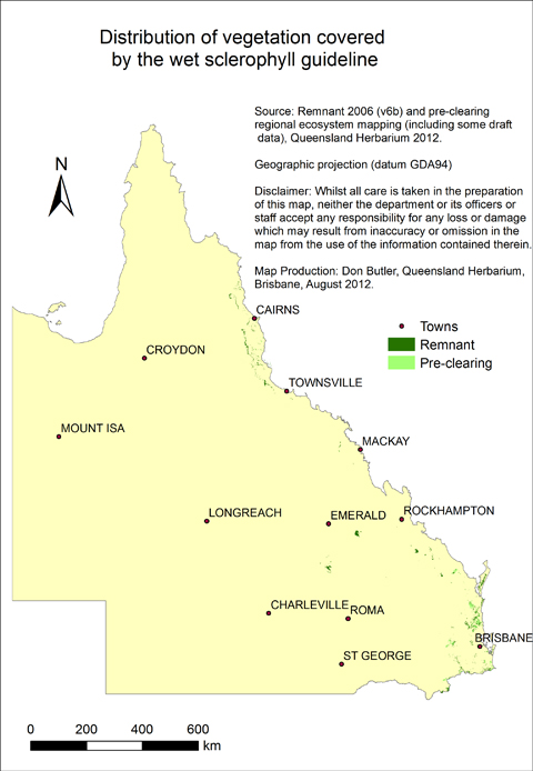 The distribution of pre-clearing and remnant wet sclerophyll forest in Queensland covered by this guide