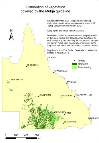 The distribution of pre-clearing and remnant mulga vegetation in Queensland