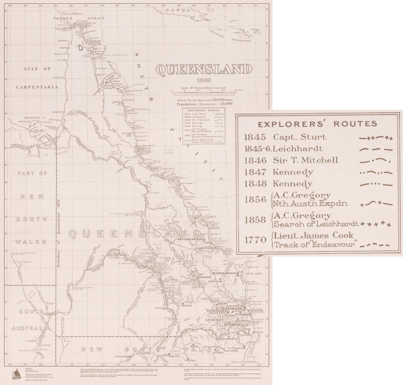 This map of Queensland shows the routes taken by early explorers.