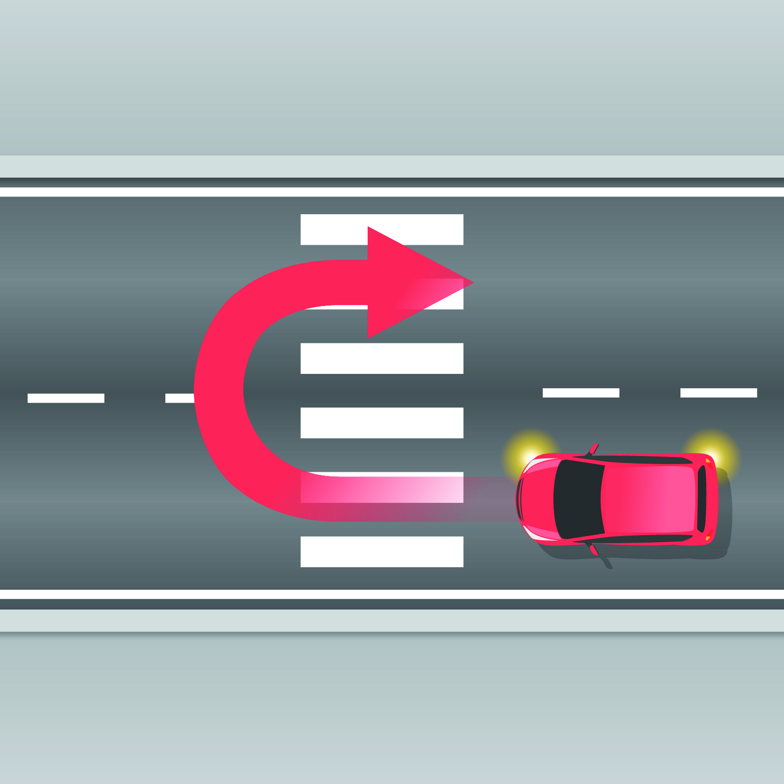 A car making a U-turn at a pedestrian crossing, going back the same direction it came from