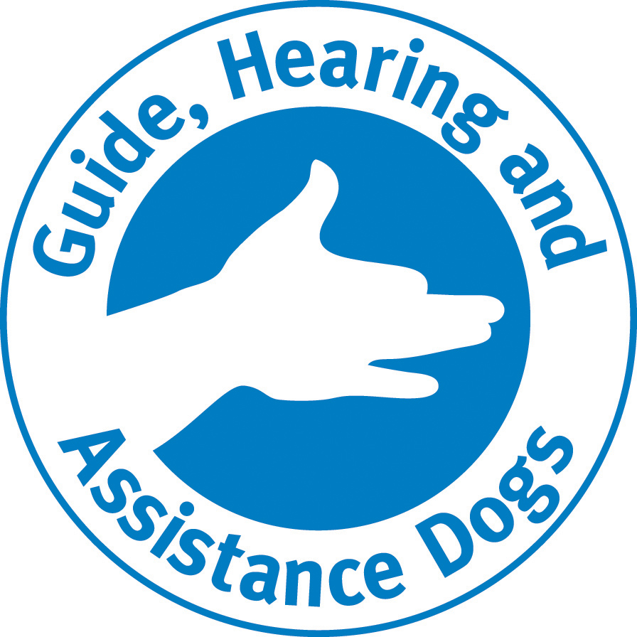 Guide hearing and assistance dogs logo. Blue text on white background plus sign for guide dog in white.