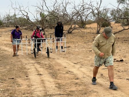Rangers pushing a magnetometer along a sandy track