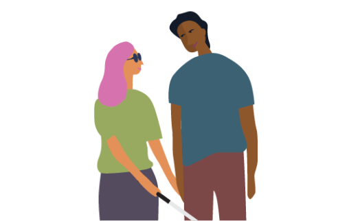 A woman wearing dark sunglasses and using a white cane is walking with a man. They're smiling at each other.