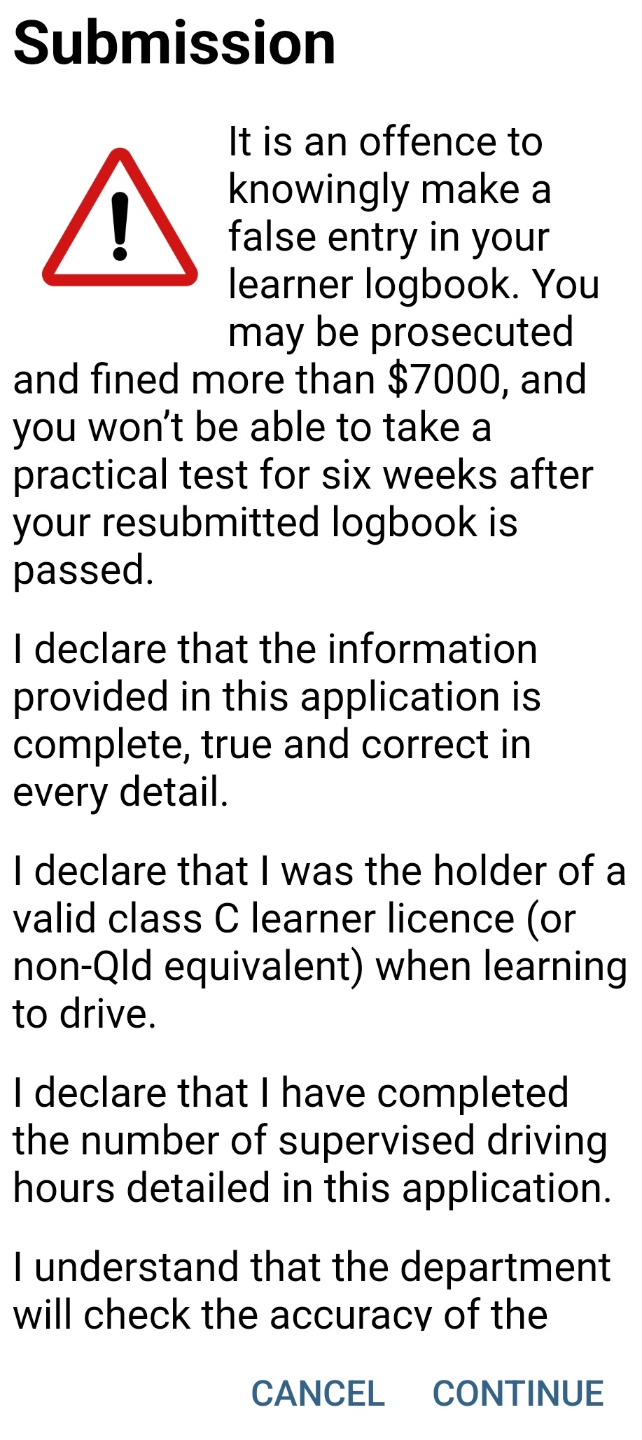 Warning displayed before submitting a logbook