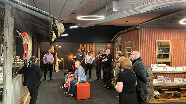 Western Queensland Forum members engaging with staff at the Min Min Encounter Visitor Information Centre in Boulia.